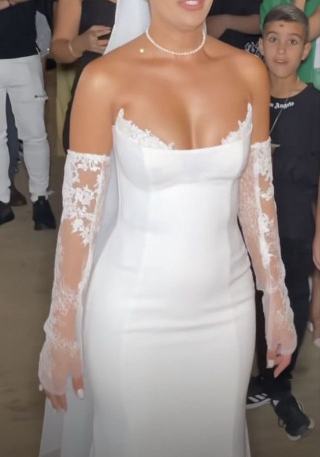 White Strapless Mermaid Long Elegant Wedding Dresses Princess Bridal Gown With Gloves fg7363
