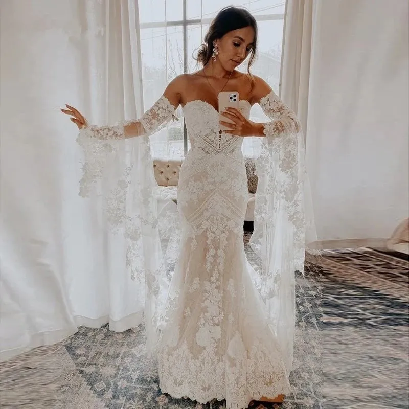 Bell Sleeves Lace Wedding Dresses Sweetheart Mermaid Bridal Gowns fg7251