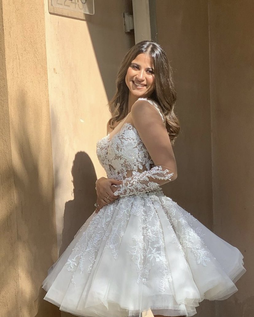 Vestido de novia corto exclusivo de corte A con apliques de encaje fg6599