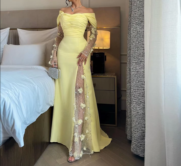 Elegantes vestidos de fiesta, vestido de noche largo amarillo con hombros descubiertos, vestido formal para fiesta de boda fg7463