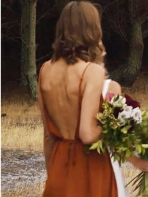 A-Line Spaghetti Straps Floor-Length Orange Chiffon Bridesmaid Dress with Split VK0101027