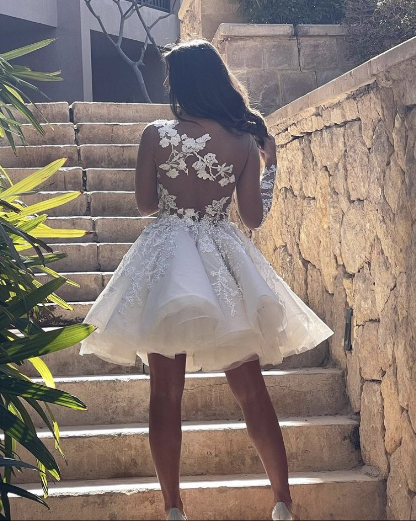 Vestido de novia corto exclusivo de corte A con apliques de encaje fg6599