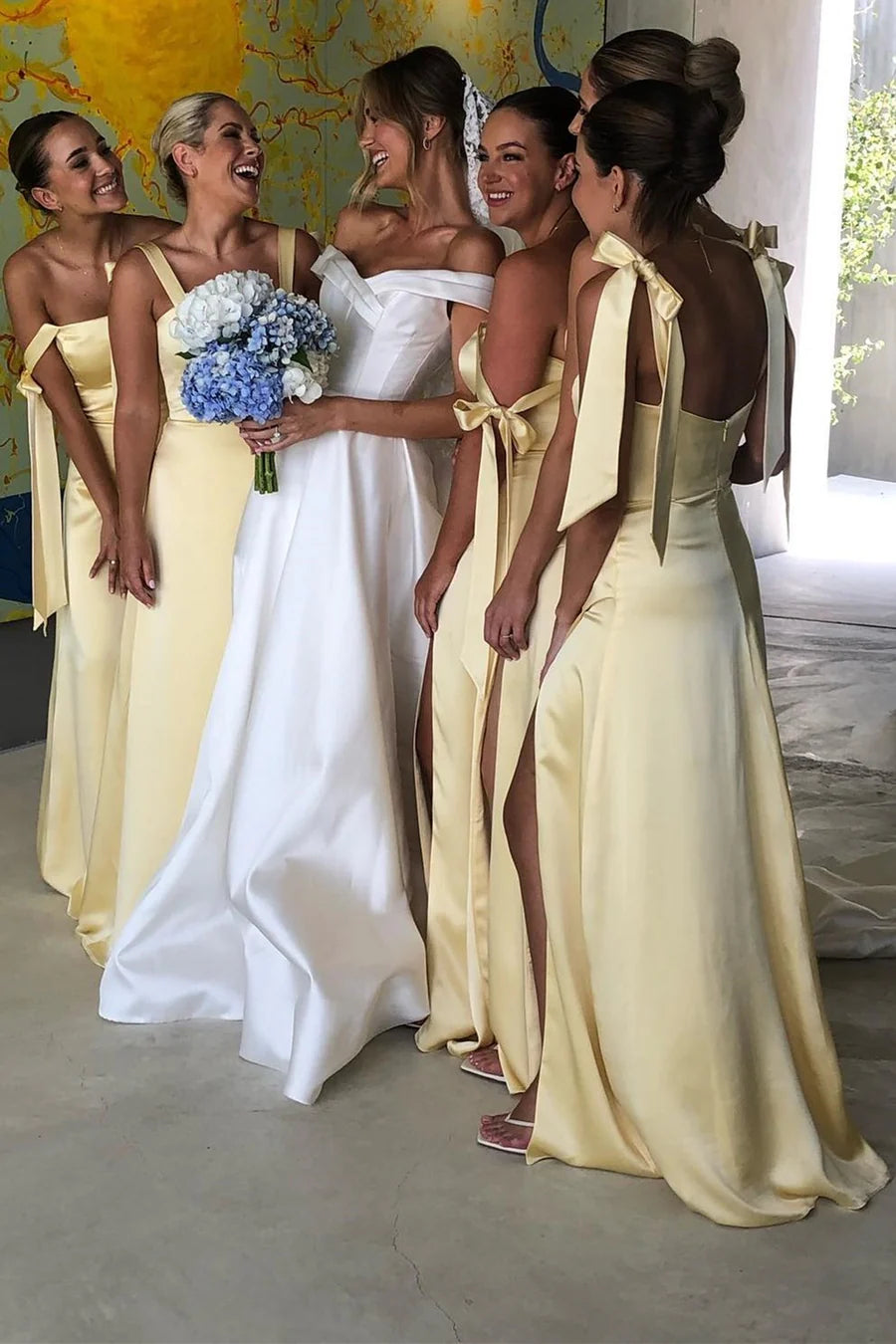 Cute Sheath Straps Yellow Satin Long Bridesmaid Dresses with Slit VK24111201