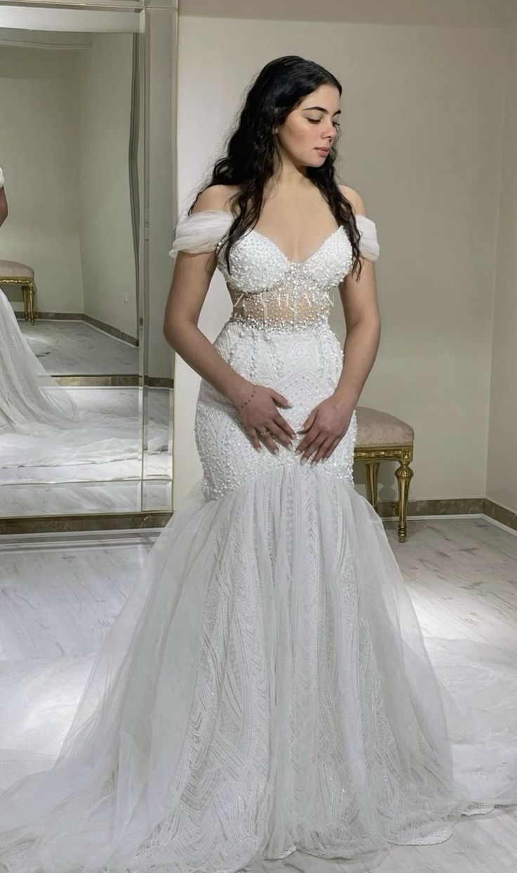 Vestido de novia largo de sirena con hombros descubiertos Vestidos de novia sirena fg7268