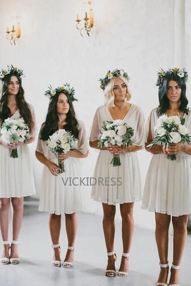 A-Line V-Neck Half Sleeves Above-Knee Ivory Bridesmaid Dress with Pleats VK0101025
