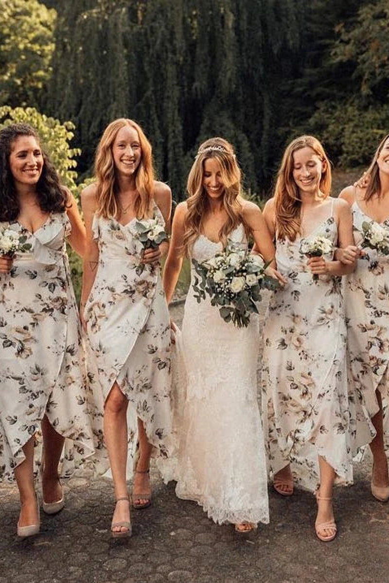 Charming Chiffon V-neck Floral Printed Bridesmaid Dresses With Slit VK0321006