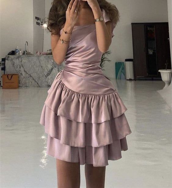 Vestido corto de satén rosa empolvado para la fiesta de bienvenida fg6857