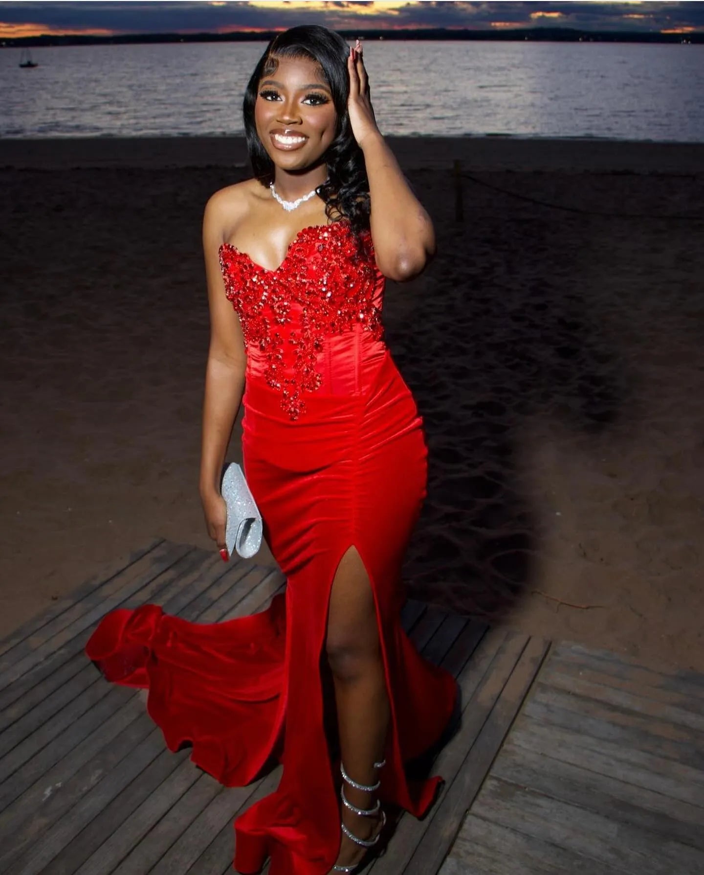 Beaded Mermaid Prom Dress Red Sweetheart Evening Gown fg7523
