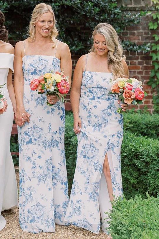 Simple Sheath Printed Porcelain Long Bridesmaid Dresses with Slit VK24110701