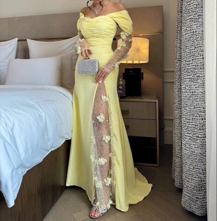 Elegantes vestidos de fiesta, vestido de noche largo amarillo con hombros descubiertos, vestido formal para fiesta de boda fg7463