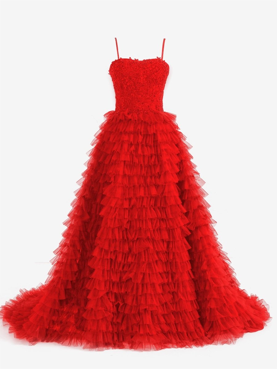 Jordan | Vestido de fiesta largo de tul con lentejuelas en capas y corte en A en color rojo