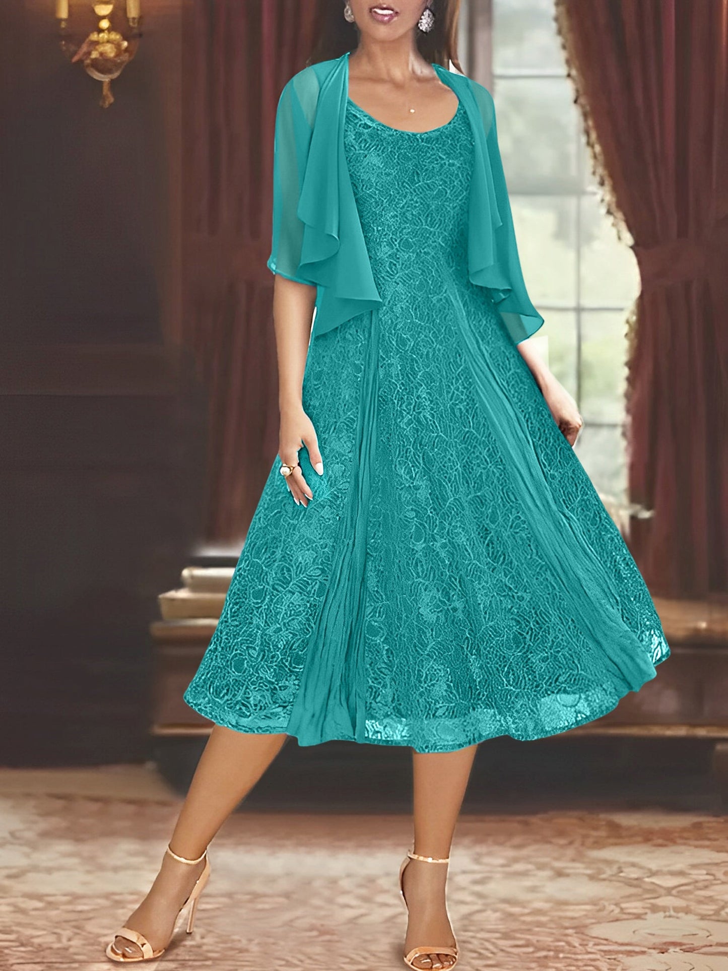 A-Line/Princess Scoop Half Sleeves Tea-Length Mother of the Bride Dresses with Appliques & Jackets