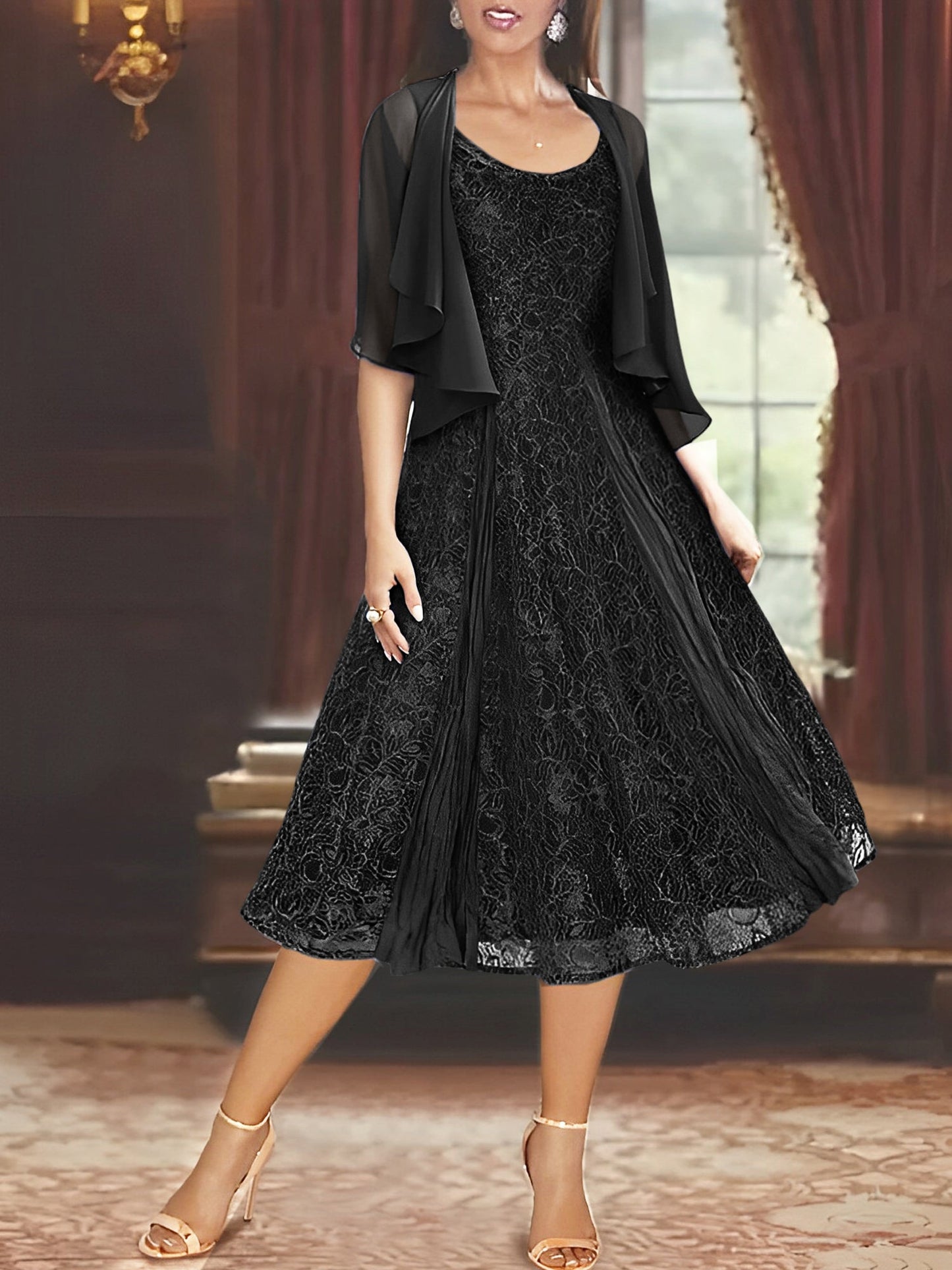 A-Line/Princess Scoop Half Sleeves Tea-Length Mother of the Bride Dresses with Appliques & Jackets