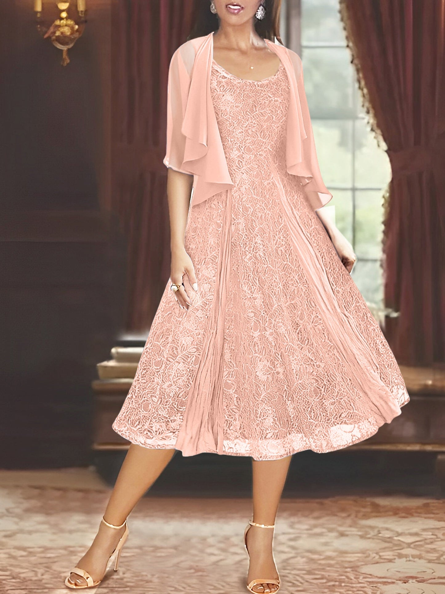 A-Line/Princess Scoop Half Sleeves Tea-Length Mother of the Bride Dresses with Appliques & Jackets