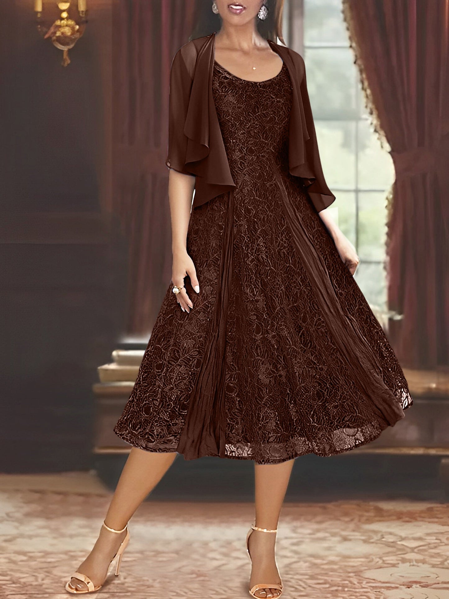 A-Line/Princess Scoop Half Sleeves Tea-Length Mother of the Bride Dresses with Appliques & Jackets