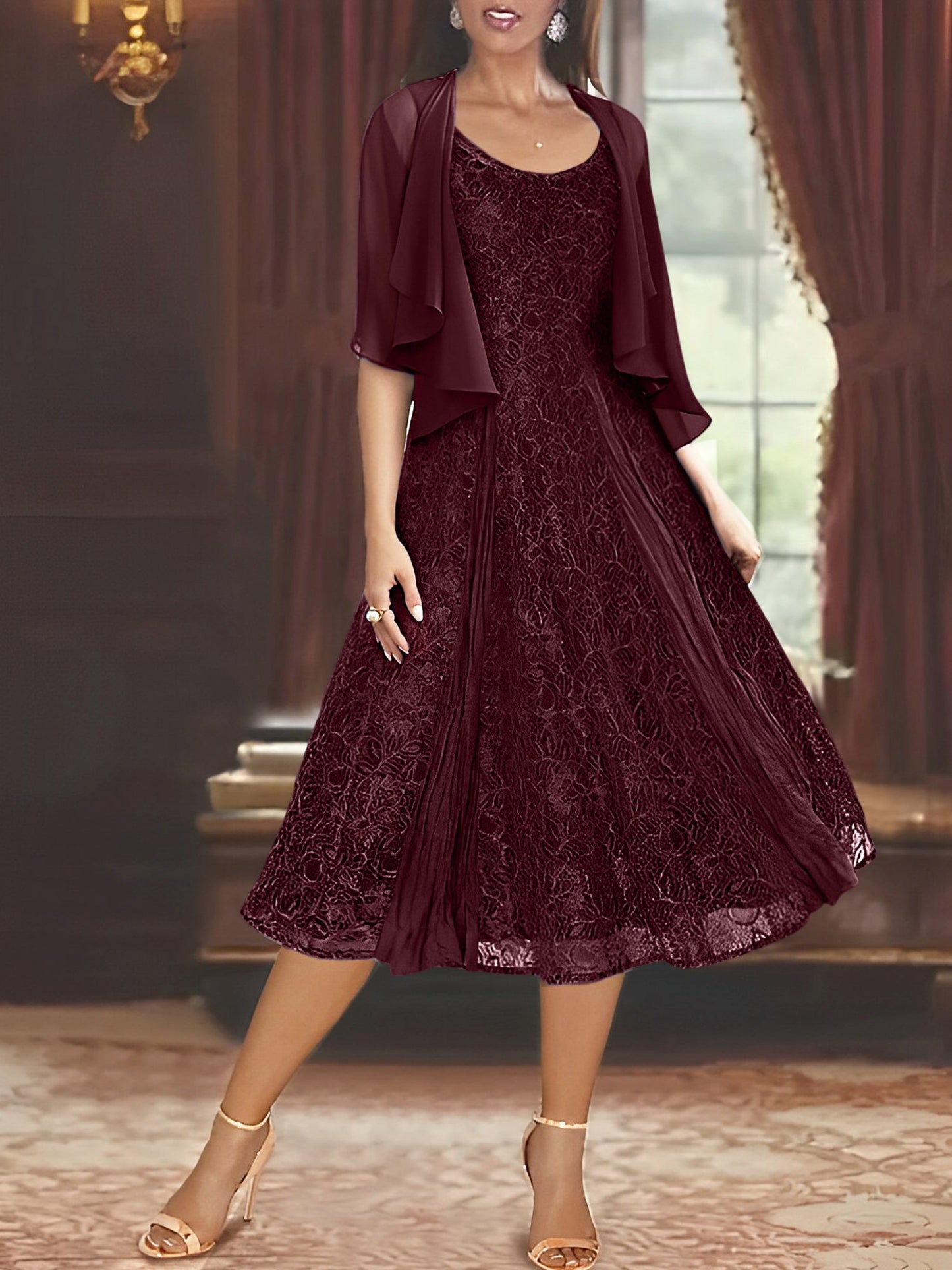 A-Line/Princess Scoop Half Sleeves Tea-Length Mother of the Bride Dresses with Appliques & Jackets