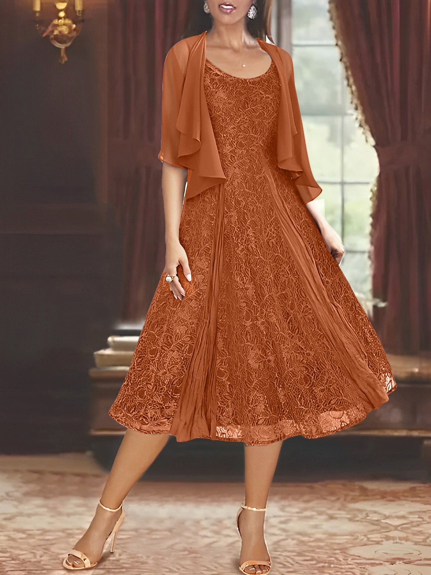 A-Line/Princess Scoop Half Sleeves Tea-Length Mother of the Bride Dresses with Appliques & Jackets