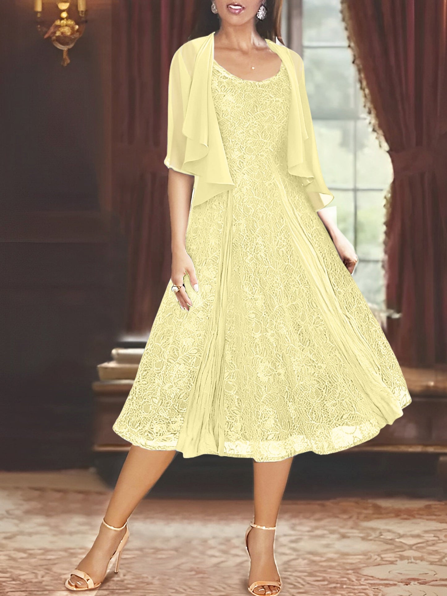 A-Line/Princess Scoop Half Sleeves Tea-Length Mother of the Bride Dresses with Appliques & Jackets