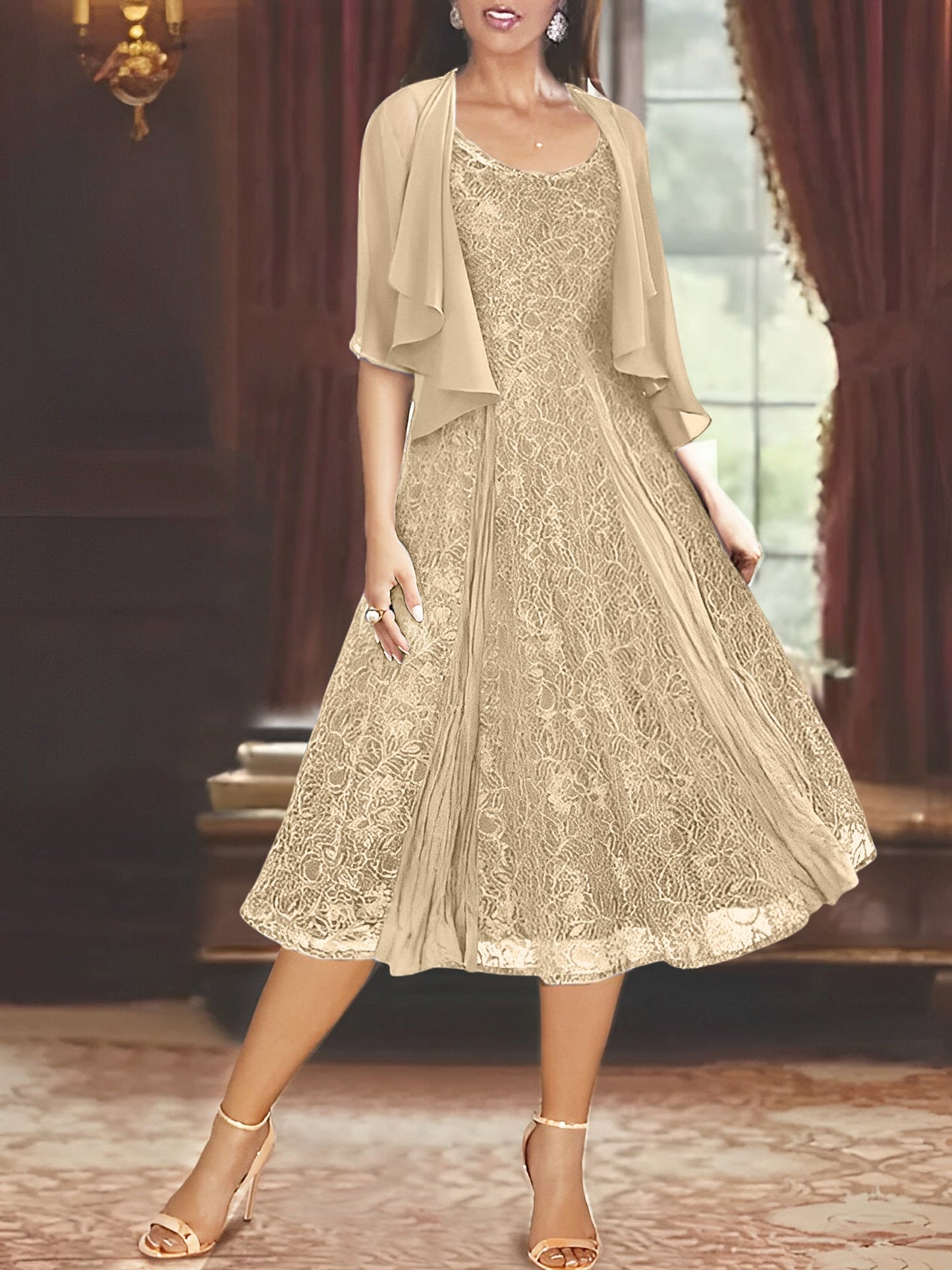 A-Line/Princess Scoop Half Sleeves Tea-Length Mother of the Bride Dresses with Appliques & Jackets