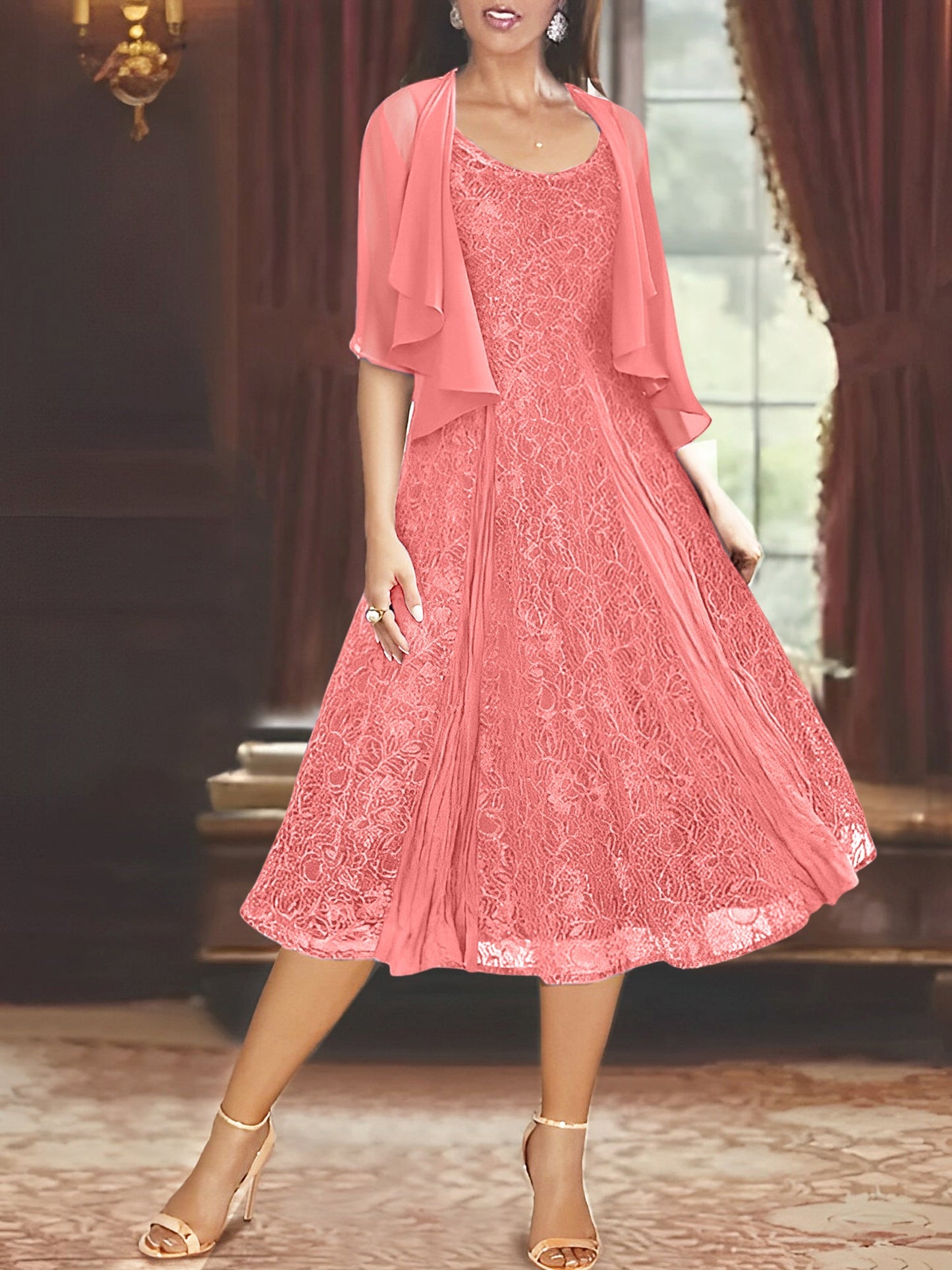 A-Line/Princess Scoop Half Sleeves Tea-Length Mother of the Bride Dresses with Appliques & Jackets