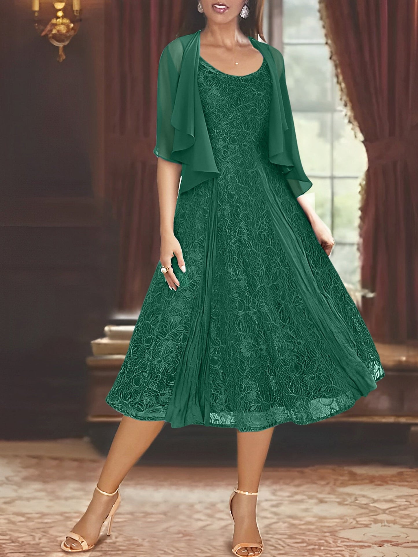 A-Line/Princess Scoop Half Sleeves Tea-Length Mother of the Bride Dresses with Appliques & Jackets