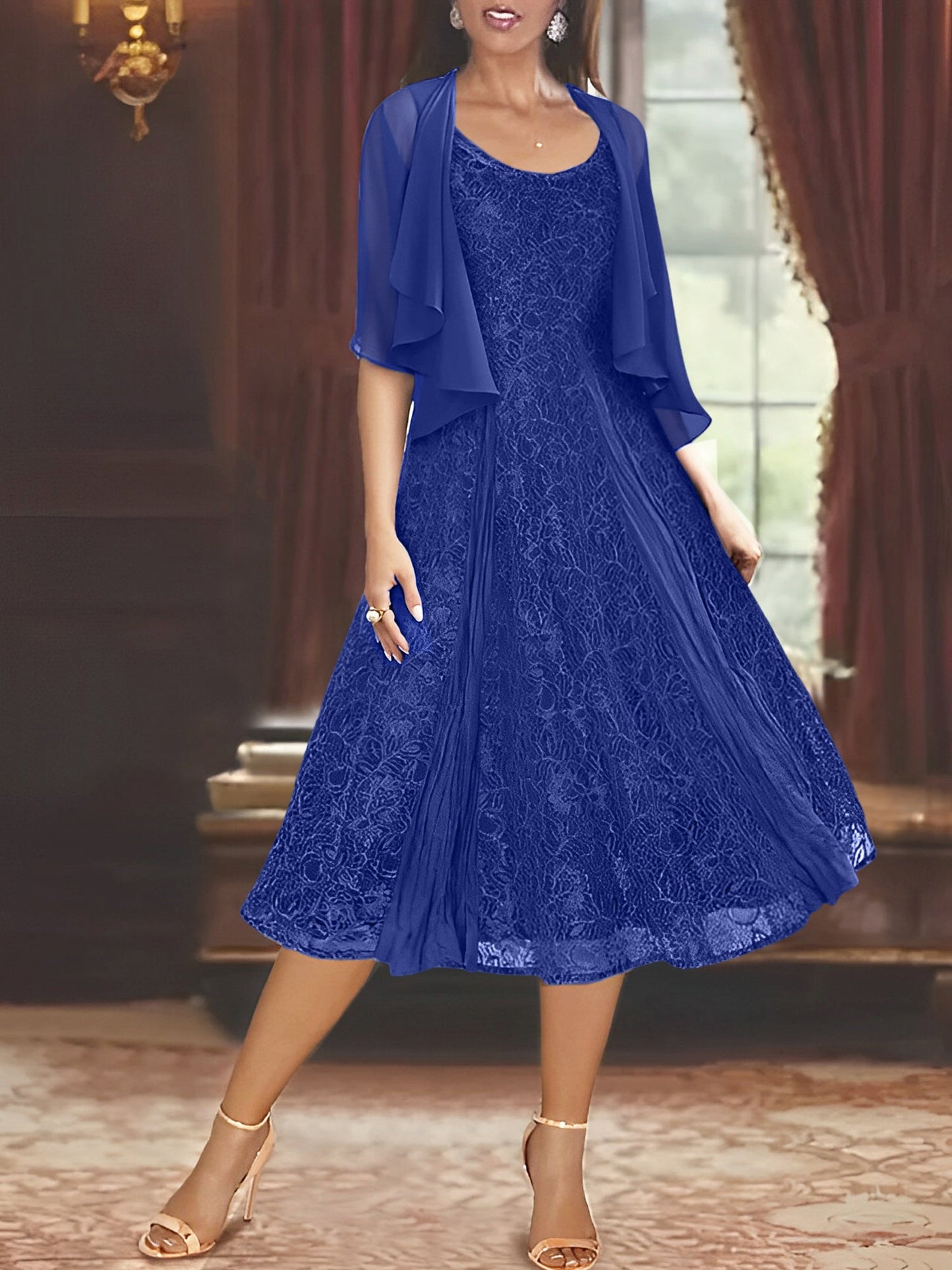 A-Line/Princess Scoop Half Sleeves Tea-Length Mother of the Bride Dresses with Appliques & Jackets