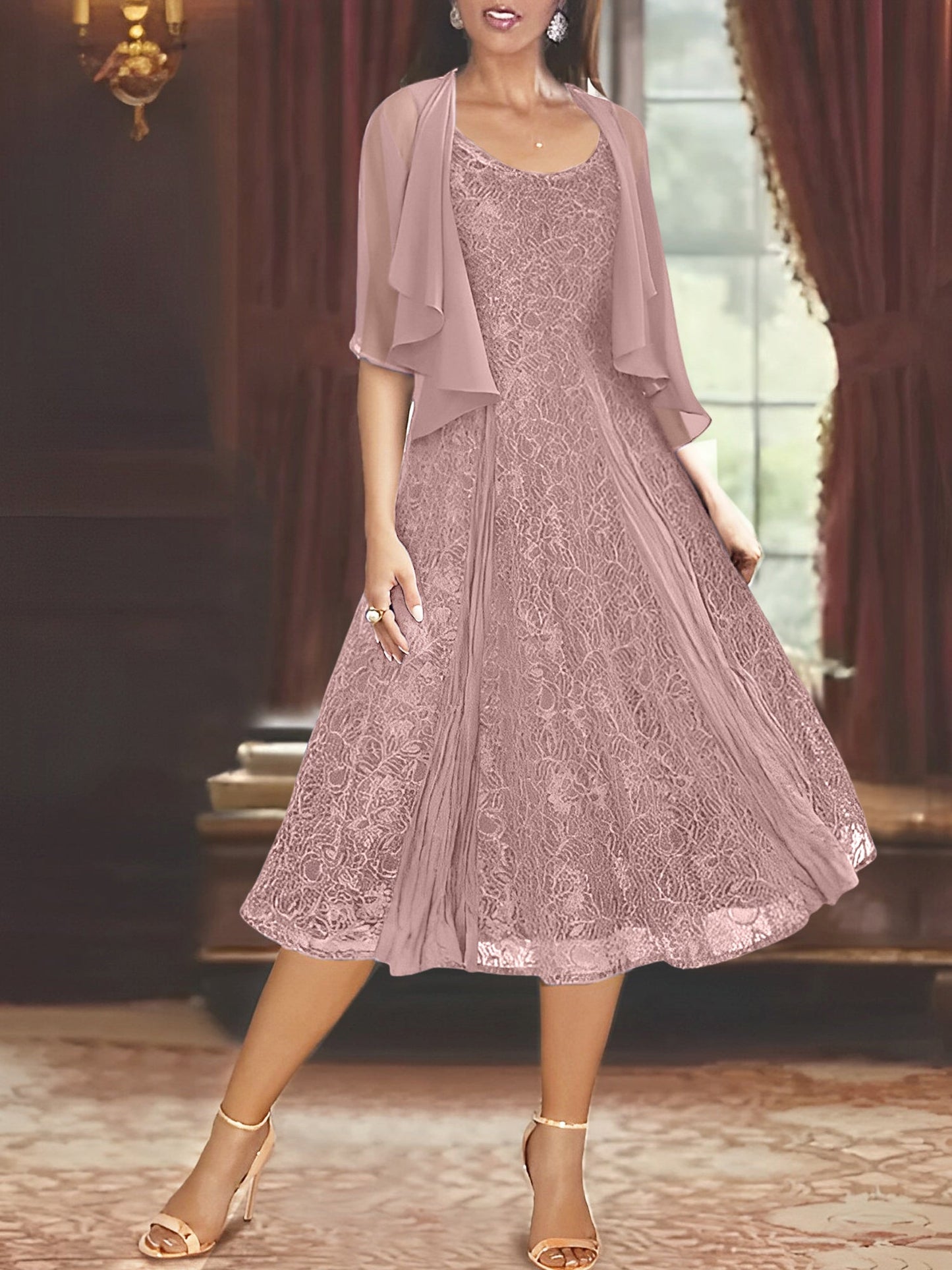 A-Line/Princess Scoop Half Sleeves Tea-Length Mother of the Bride Dresses with Appliques & Jackets
