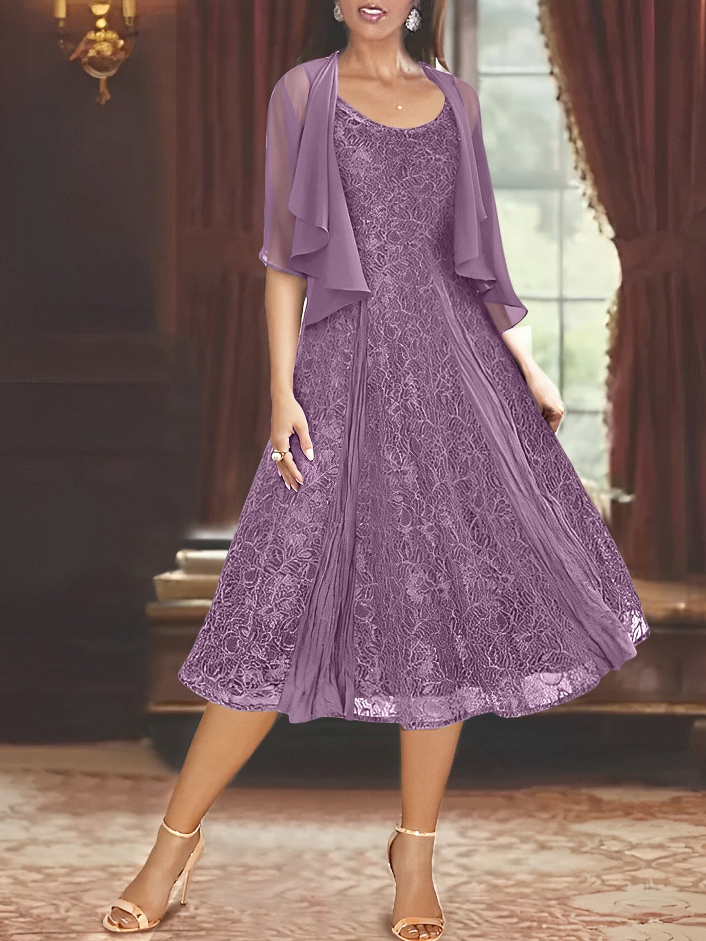 A-Line/Princess Scoop Half Sleeves Tea-Length Mother of the Bride Dresses with Appliques & Jackets