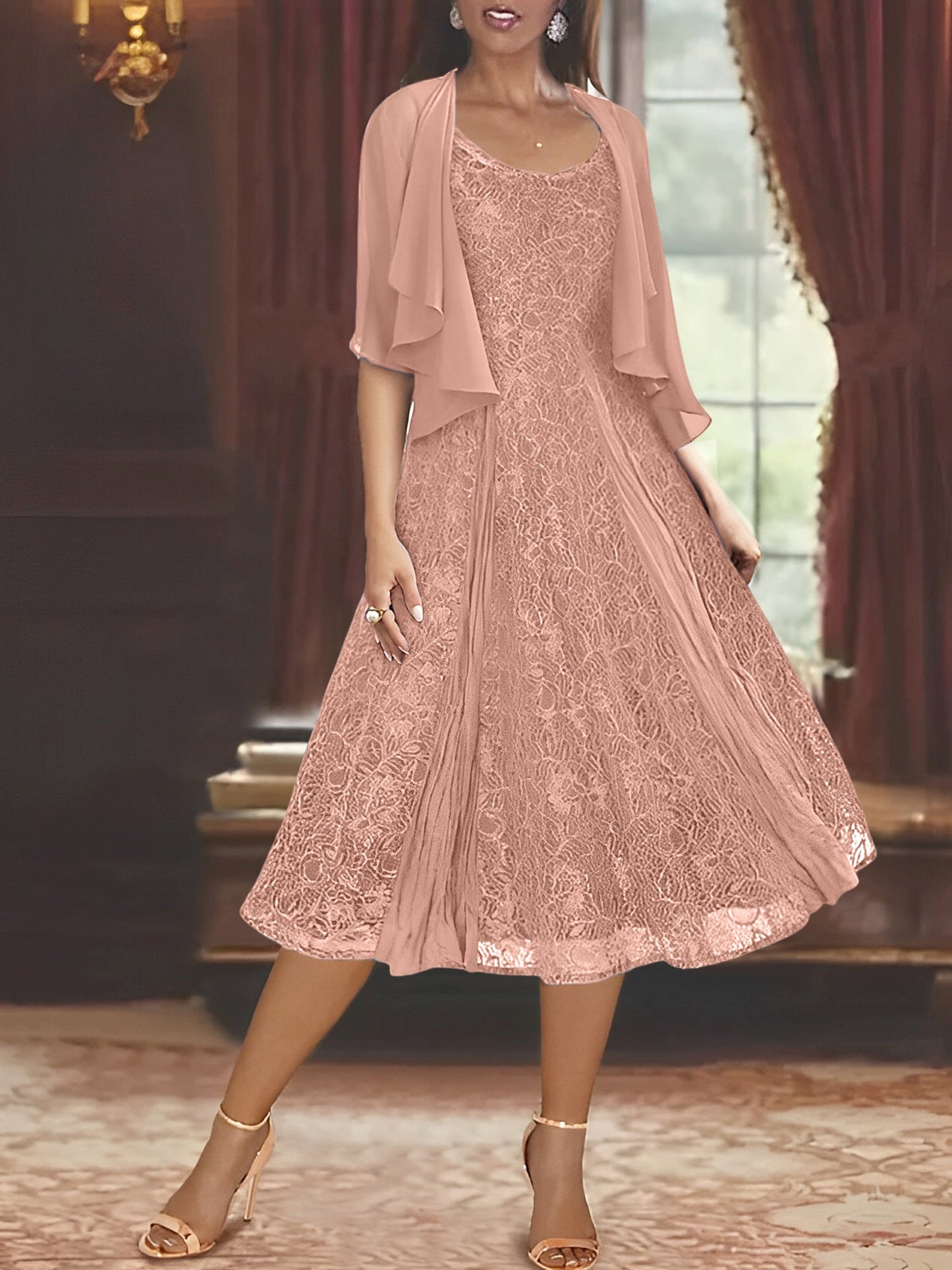 A-Line/Princess Scoop Half Sleeves Tea-Length Mother of the Bride Dresses with Appliques & Jackets
