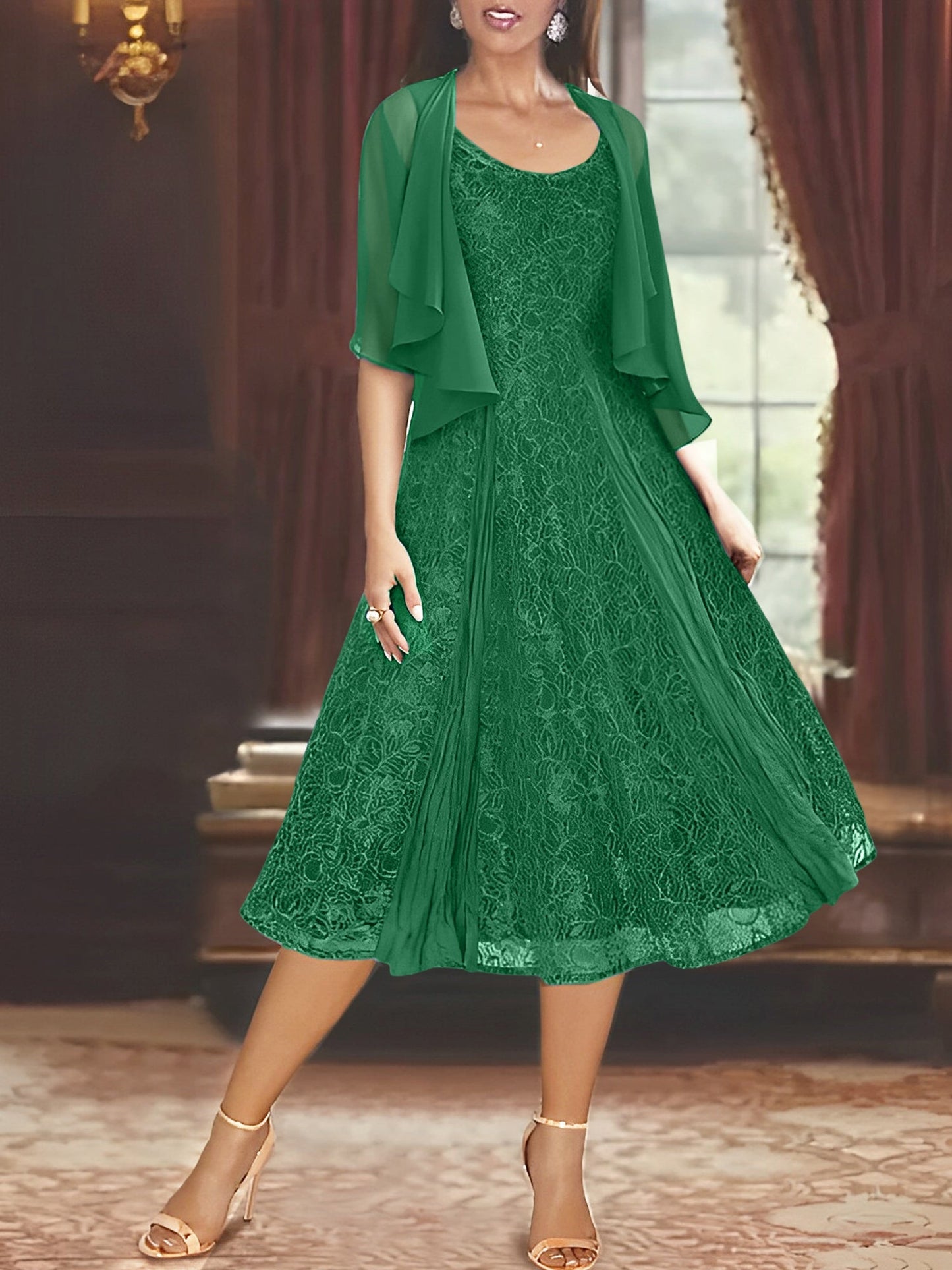 A-Line/Princess Scoop Half Sleeves Tea-Length Mother of the Bride Dresses with Appliques & Jackets