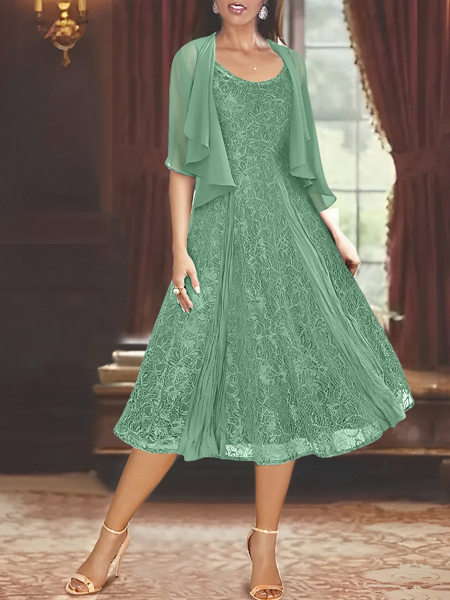 A-Line/Princess Scoop Half Sleeves Tea-Length Mother of the Bride Dresses with Appliques & Jackets