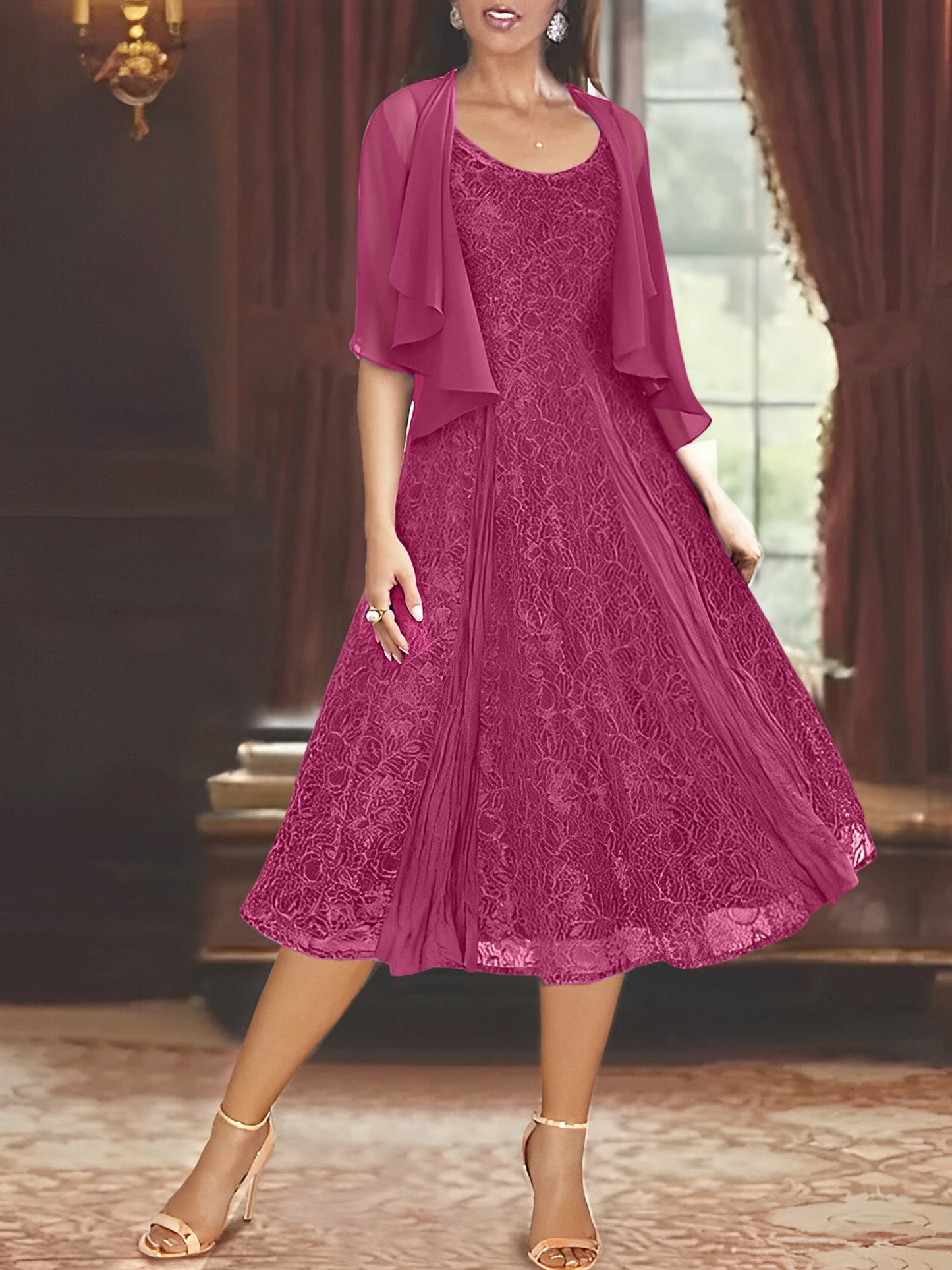 A-Line/Princess Scoop Half Sleeves Tea-Length Mother of the Bride Dresses with Appliques & Jackets