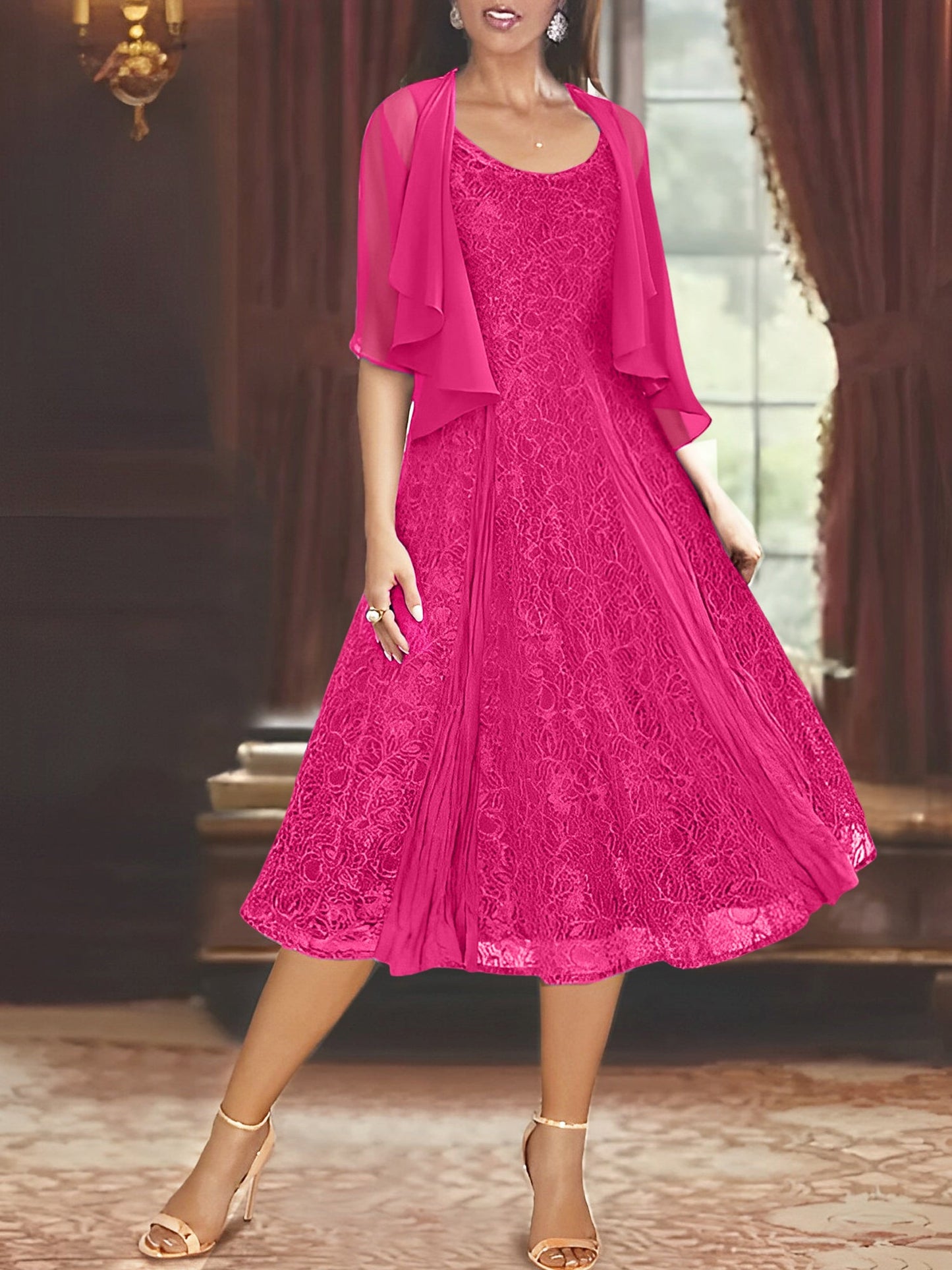 A-Line/Princess Scoop Half Sleeves Tea-Length Mother of the Bride Dresses with Appliques & Jackets