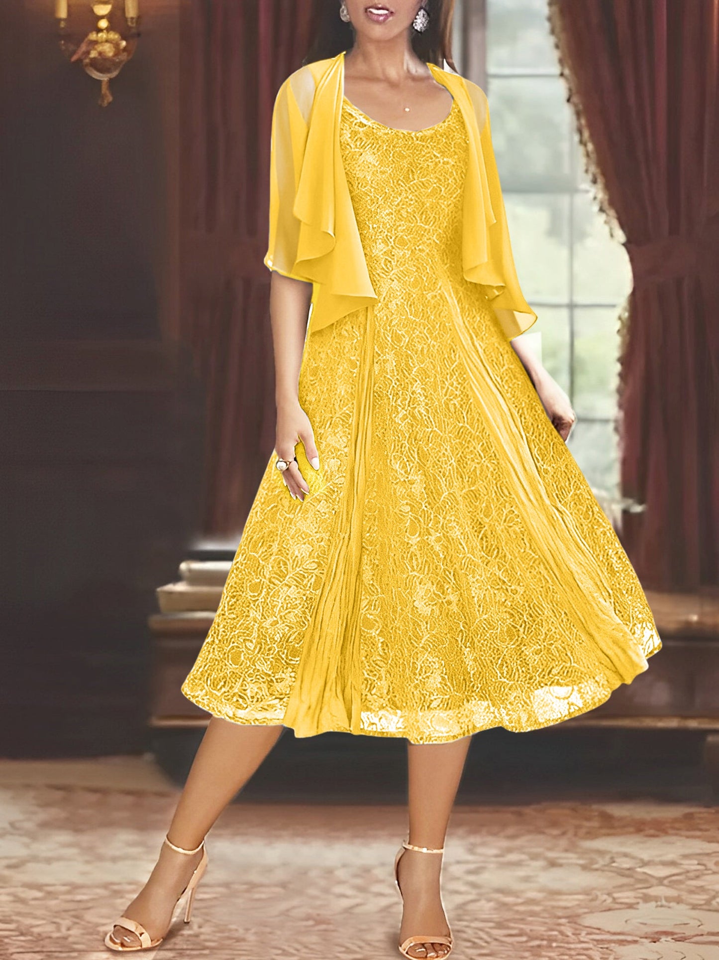 A-Line/Princess Scoop Half Sleeves Tea-Length Mother of the Bride Dresses with Appliques & Jackets
