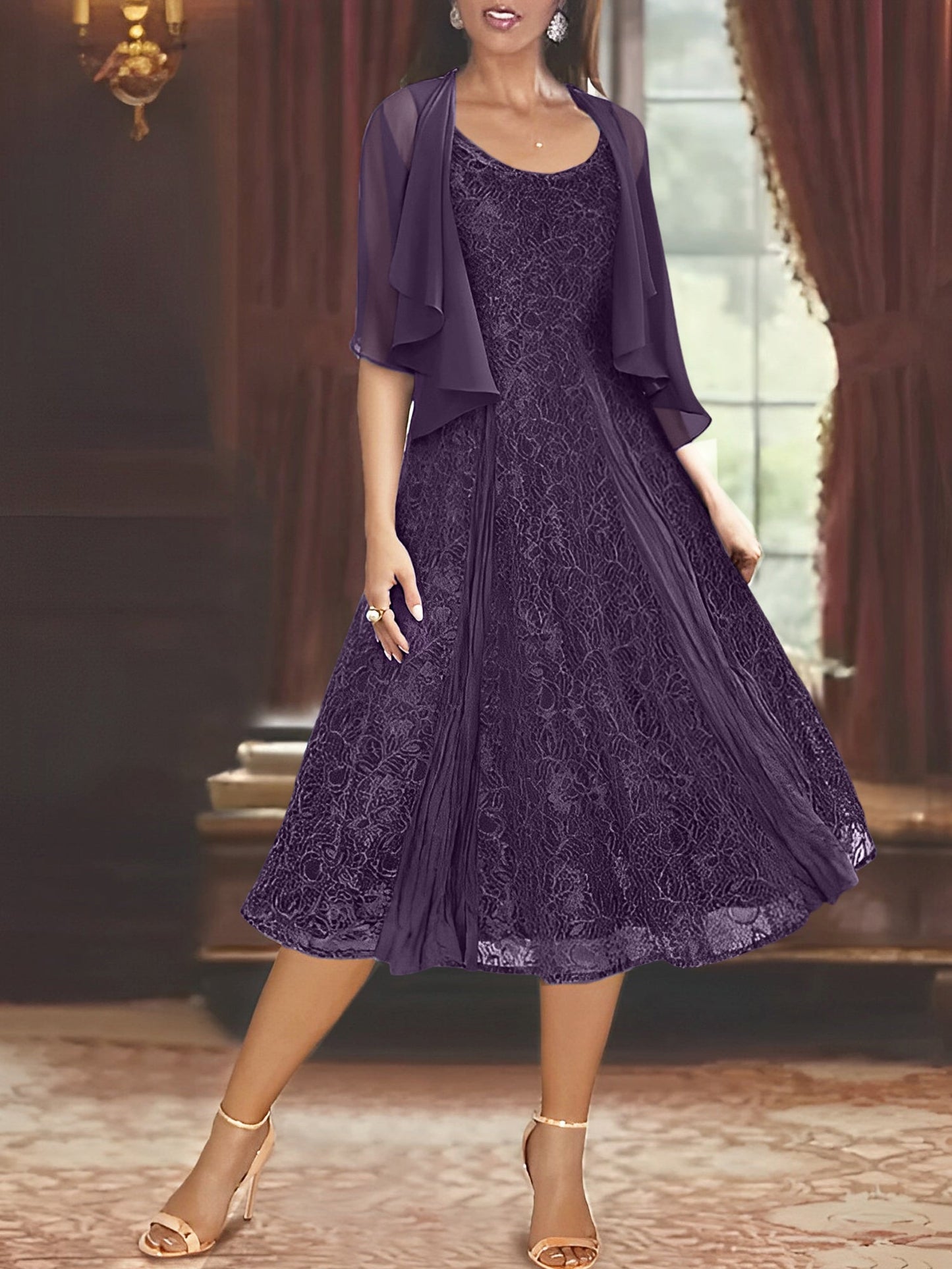 A-Line/Princess Scoop Half Sleeves Tea-Length Mother of the Bride Dresses with Appliques & Jackets