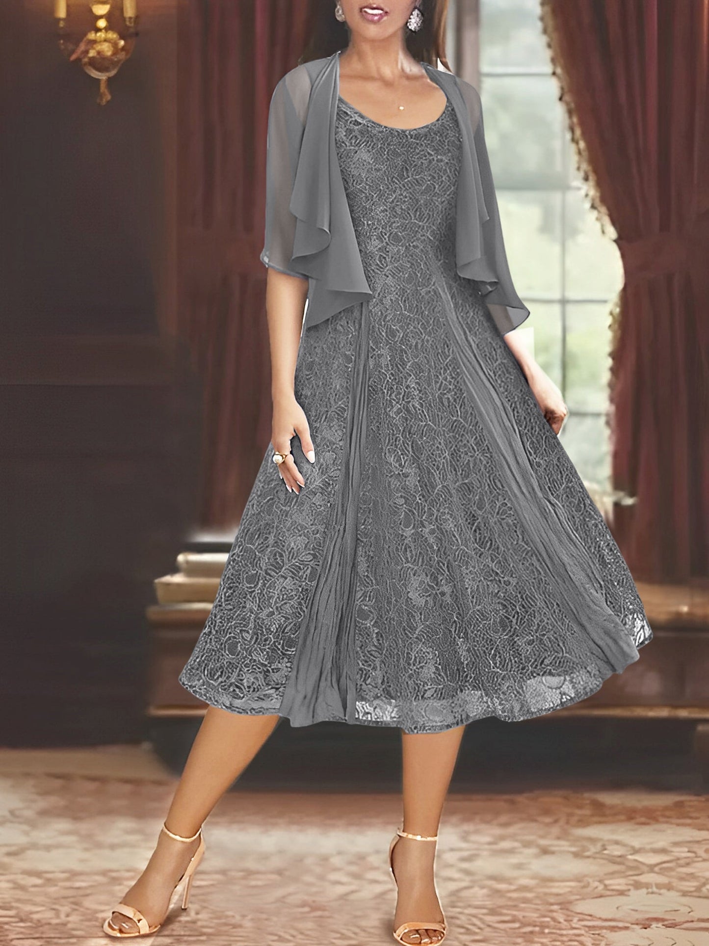 A-Line/Princess Scoop Half Sleeves Tea-Length Mother of the Bride Dresses with Appliques & Jackets