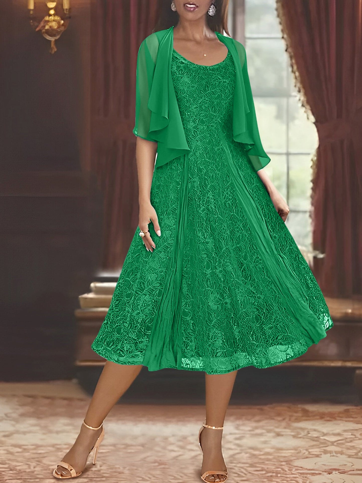A-Line/Princess Scoop Half Sleeves Tea-Length Mother of the Bride Dresses with Appliques & Jackets