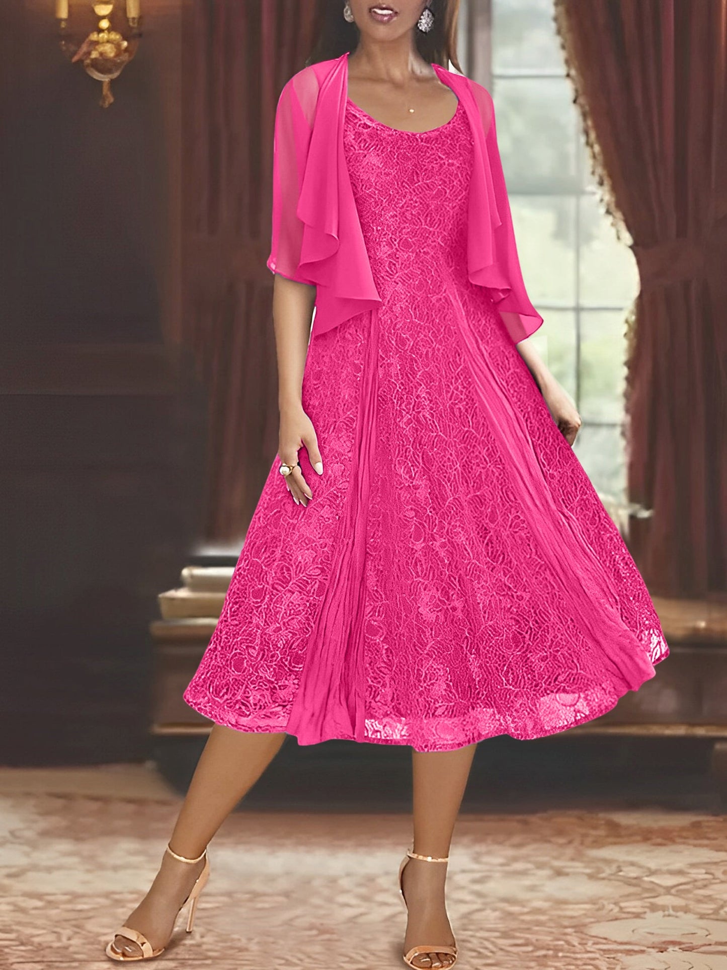 A-Line/Princess Scoop Half Sleeves Tea-Length Mother of the Bride Dresses with Appliques & Jackets