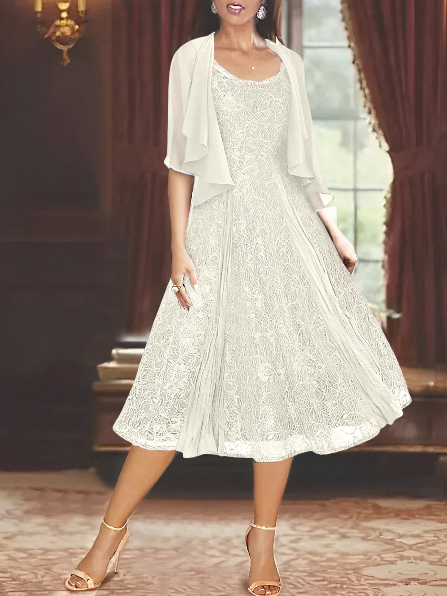 A-Line/Princess Scoop Half Sleeves Tea-Length Mother of the Bride Dresses with Appliques & Jackets