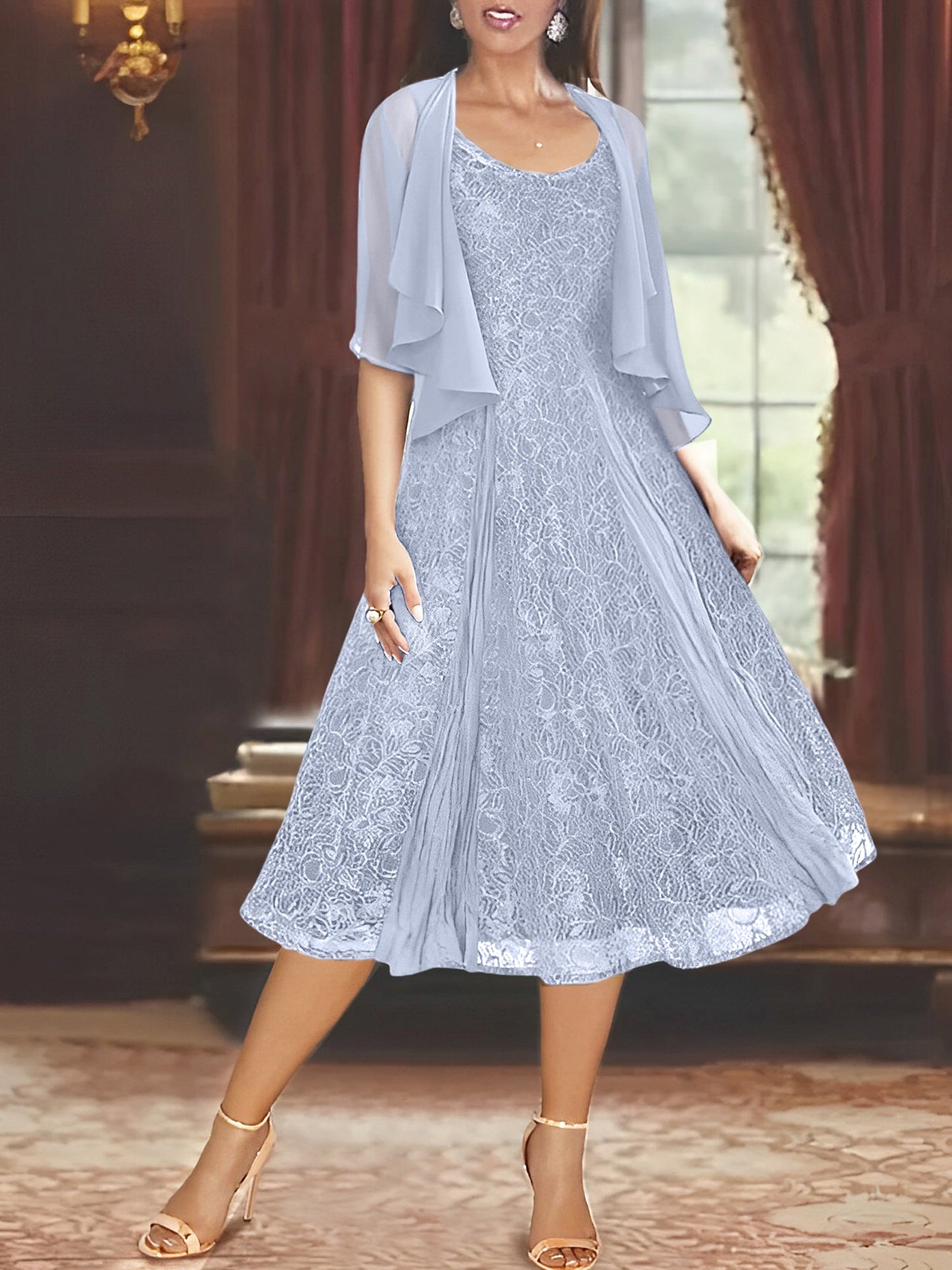 A-Line/Princess Scoop Half Sleeves Tea-Length Mother of the Bride Dresses with Appliques & Jackets