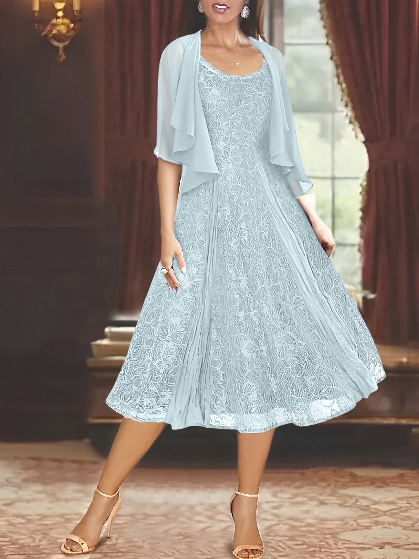 A-Line/Princess Scoop Half Sleeves Tea-Length Mother of the Bride Dresses with Appliques & Jackets
