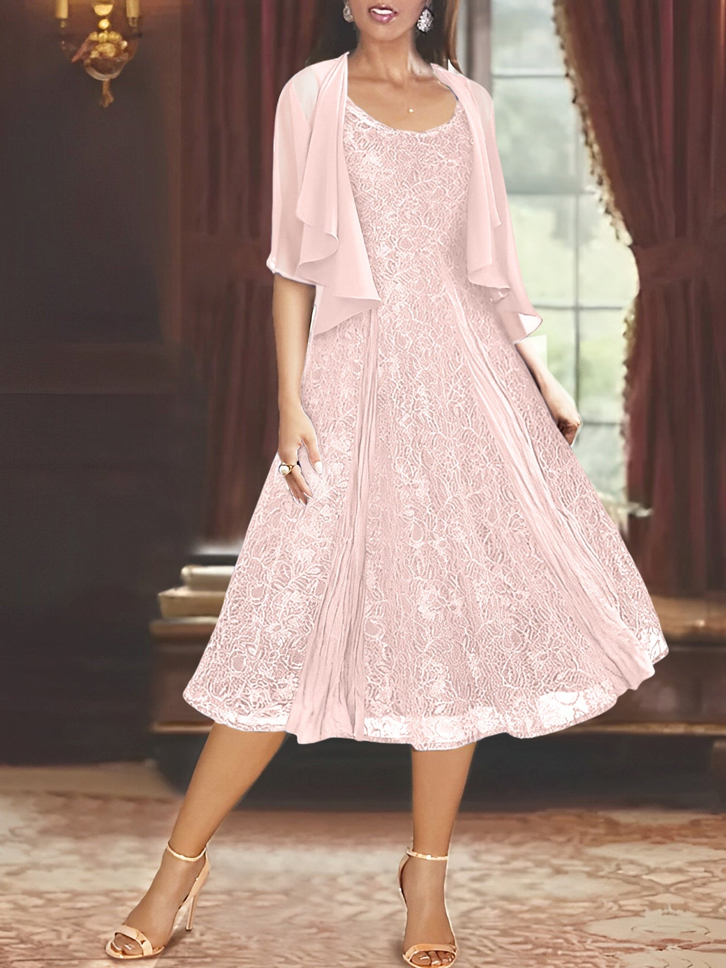 A-Line/Princess Scoop Half Sleeves Tea-Length Mother of the Bride Dresses with Appliques & Jackets
