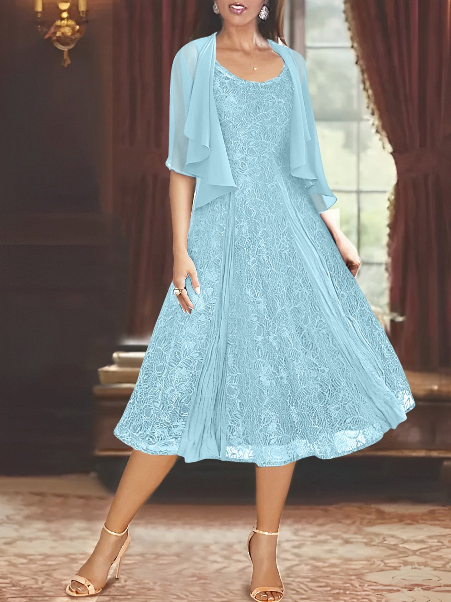 A-Line/Princess Scoop Half Sleeves Tea-Length Mother of the Bride Dresses with Appliques & Jackets