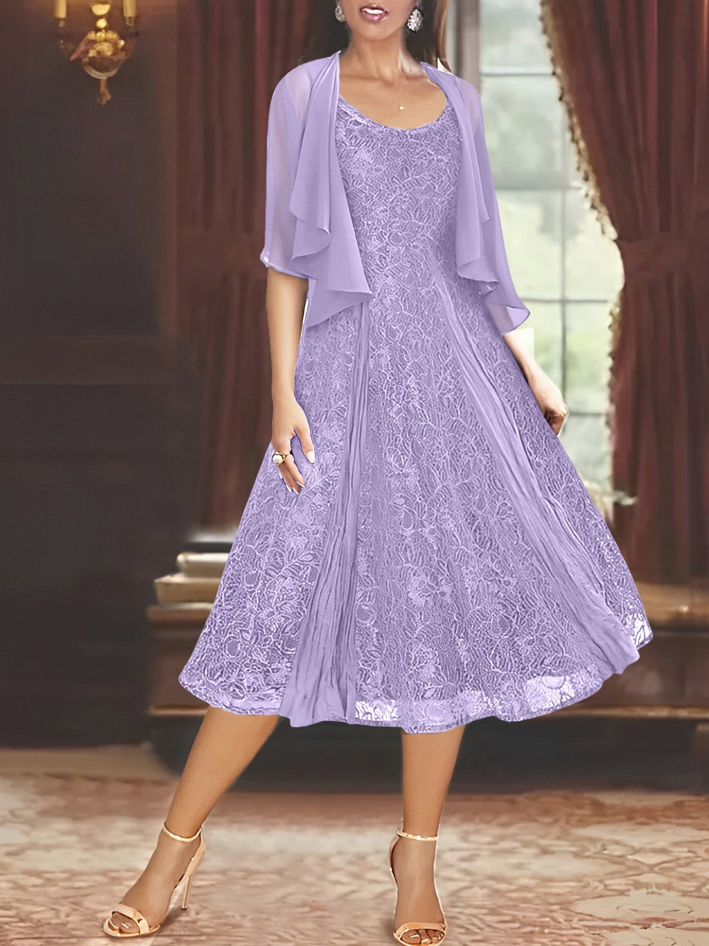 A-Line/Princess Scoop Half Sleeves Tea-Length Mother of the Bride Dresses with Appliques & Jackets