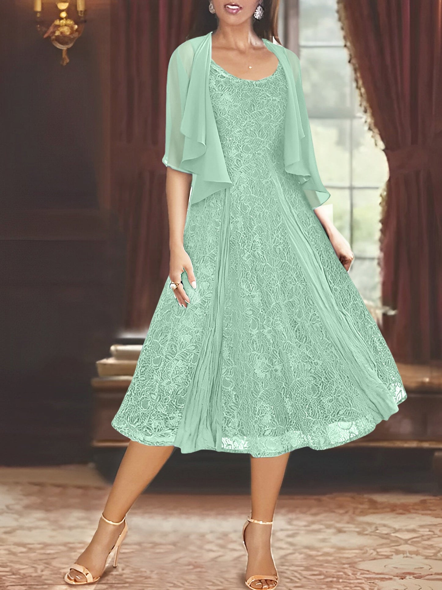 A-Line/Princess Scoop Half Sleeves Tea-Length Mother of the Bride Dresses with Appliques & Jackets