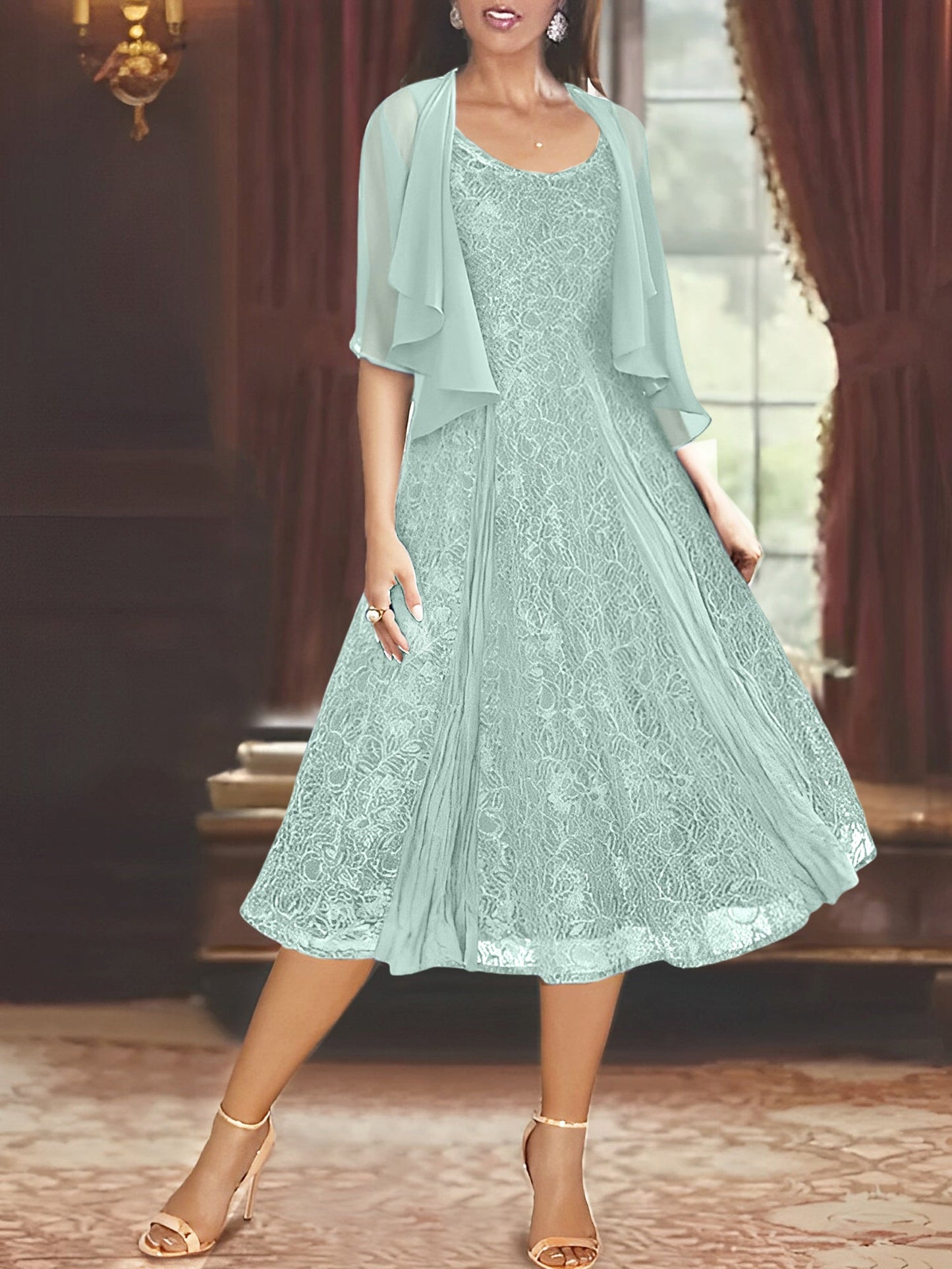 A-Line/Princess Scoop Half Sleeves Tea-Length Mother of the Bride Dresses with Appliques & Jackets