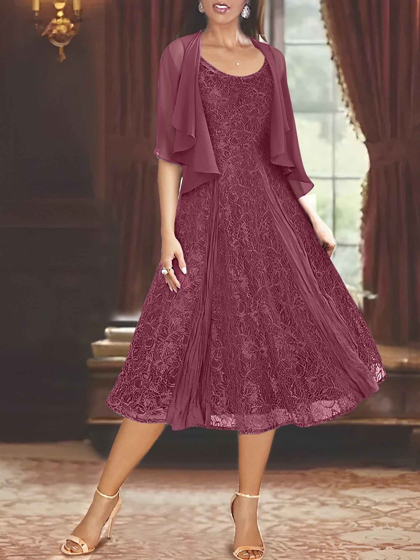 A-Line/Princess Scoop Half Sleeves Tea-Length Mother of the Bride Dresses with Appliques & Jackets