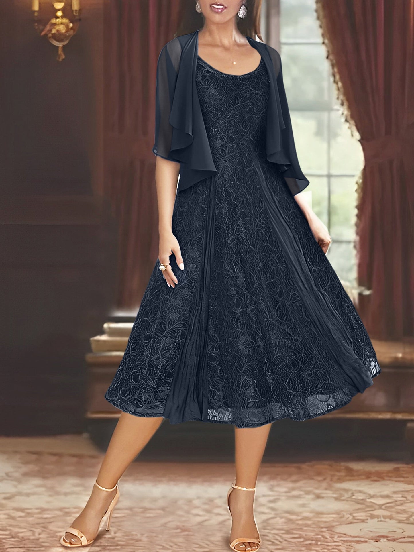 A-Line/Princess Scoop Half Sleeves Tea-Length Mother of the Bride Dresses with Appliques & Jackets