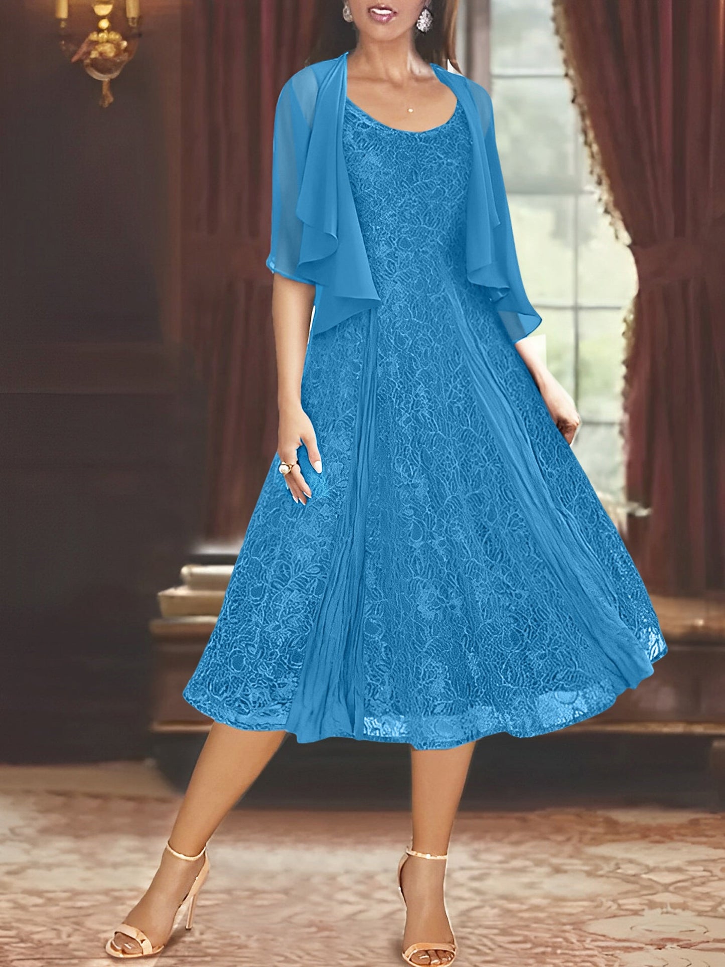 A-Line/Princess Scoop Half Sleeves Tea-Length Mother of the Bride Dresses with Appliques & Jackets
