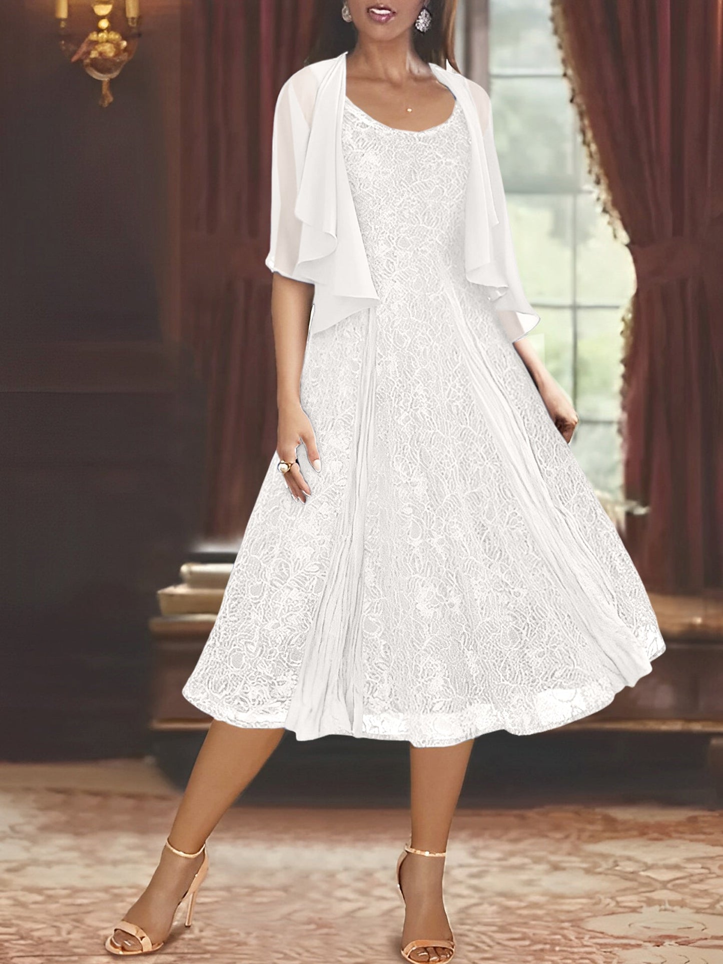 A-Line/Princess Scoop Half Sleeves Tea-Length Mother of the Bride Dresses with Appliques & Jackets